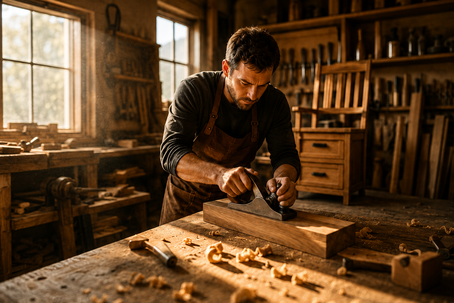 Woodworker building a project in a warm workshop